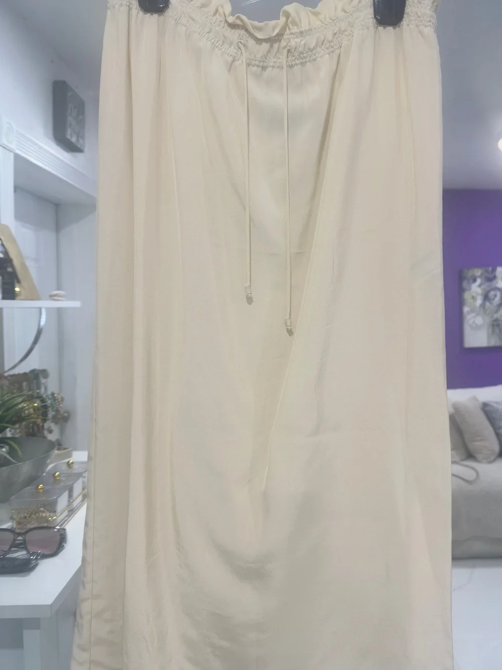 Zara Light Cream Drawstring Midi Skirt